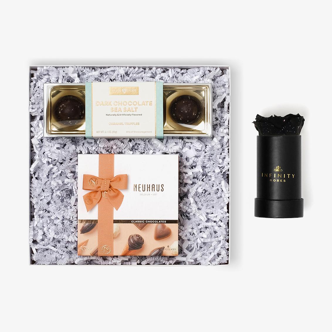 Chocolate Duo Luxe - Single Rose Box - Black Galaxy Rose - Black Box