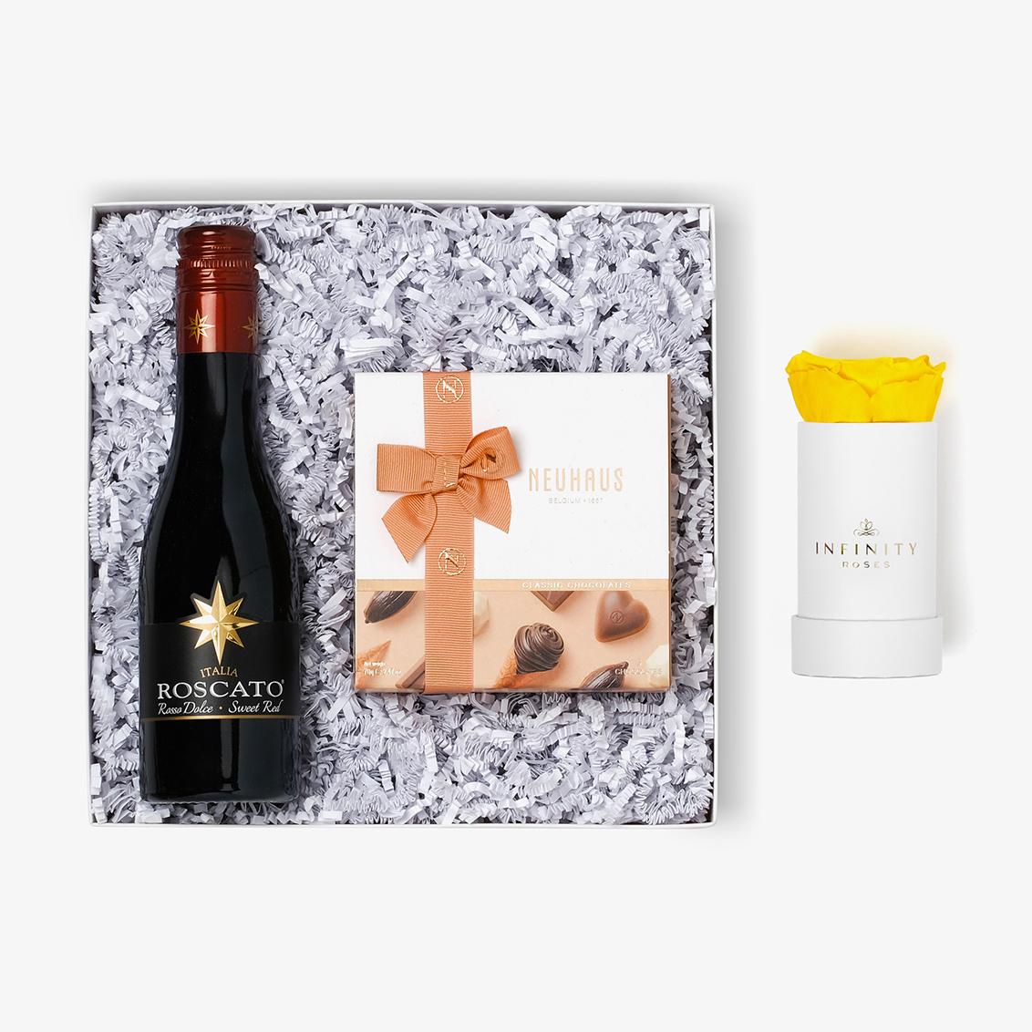 Wine & Truffles - Single Rose Box - Yellow Rose - White Box
