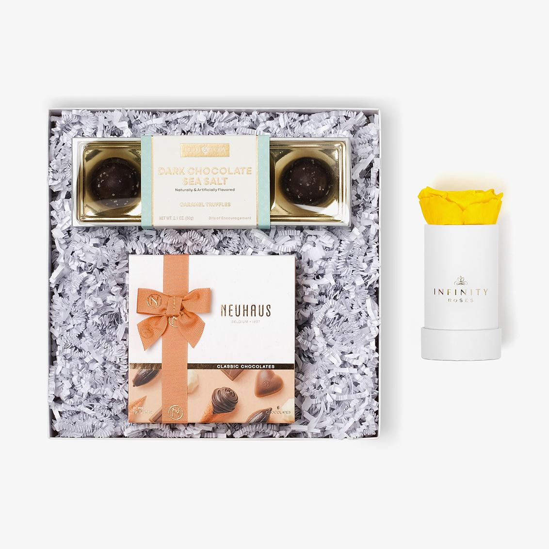 Chocolate Duo Luxe - Single Rose Box - Yellow Rose - White Box
