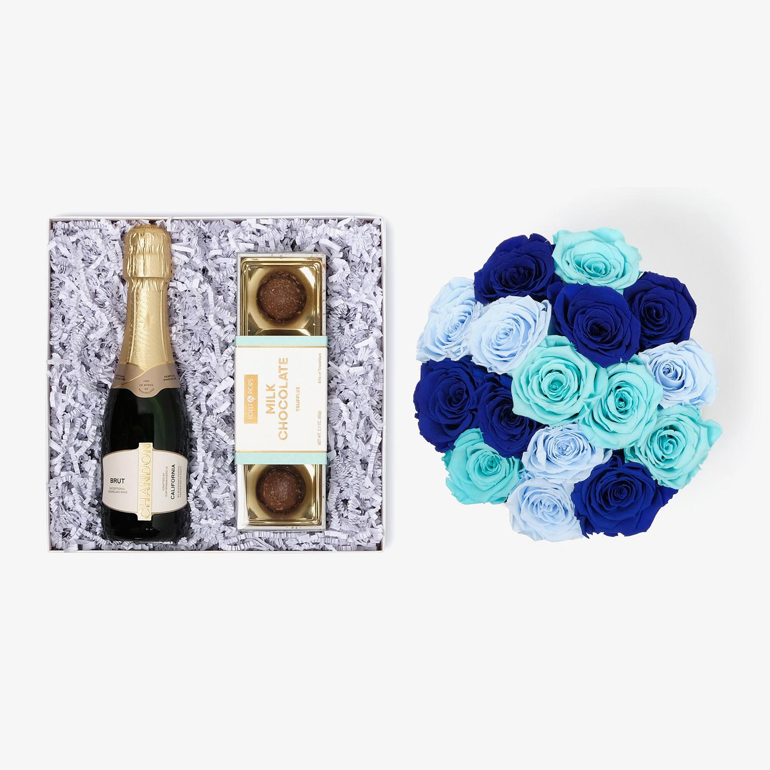Champagne & Truffles - Large Bloom Box - Blue Ombre Rose - White Box