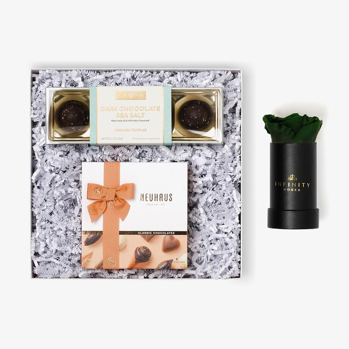 Chocolate Duo Luxe - Single Rose Box - Emerald Green Rose - Black Box