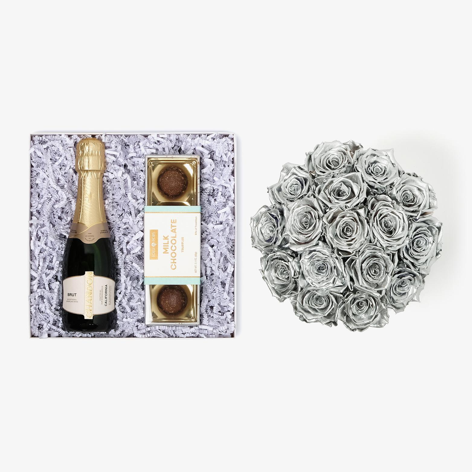 Champagne & Truffles - Large Bloom Box - Silver Rose - Black Box