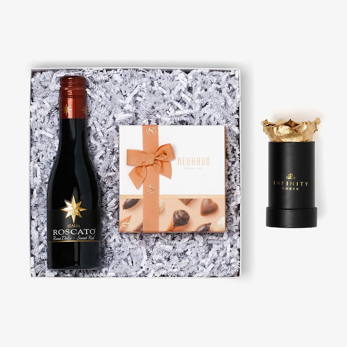 Wine & Truffles - Single Rose Box - Gold Rose - Black Box