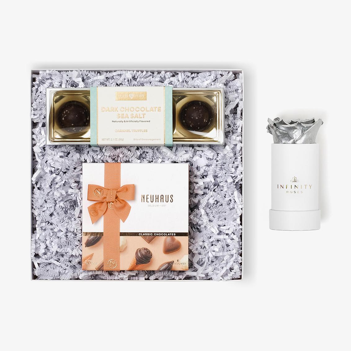Chocolate Duo Luxe - Single Rose Box - Silver Rose - White Box