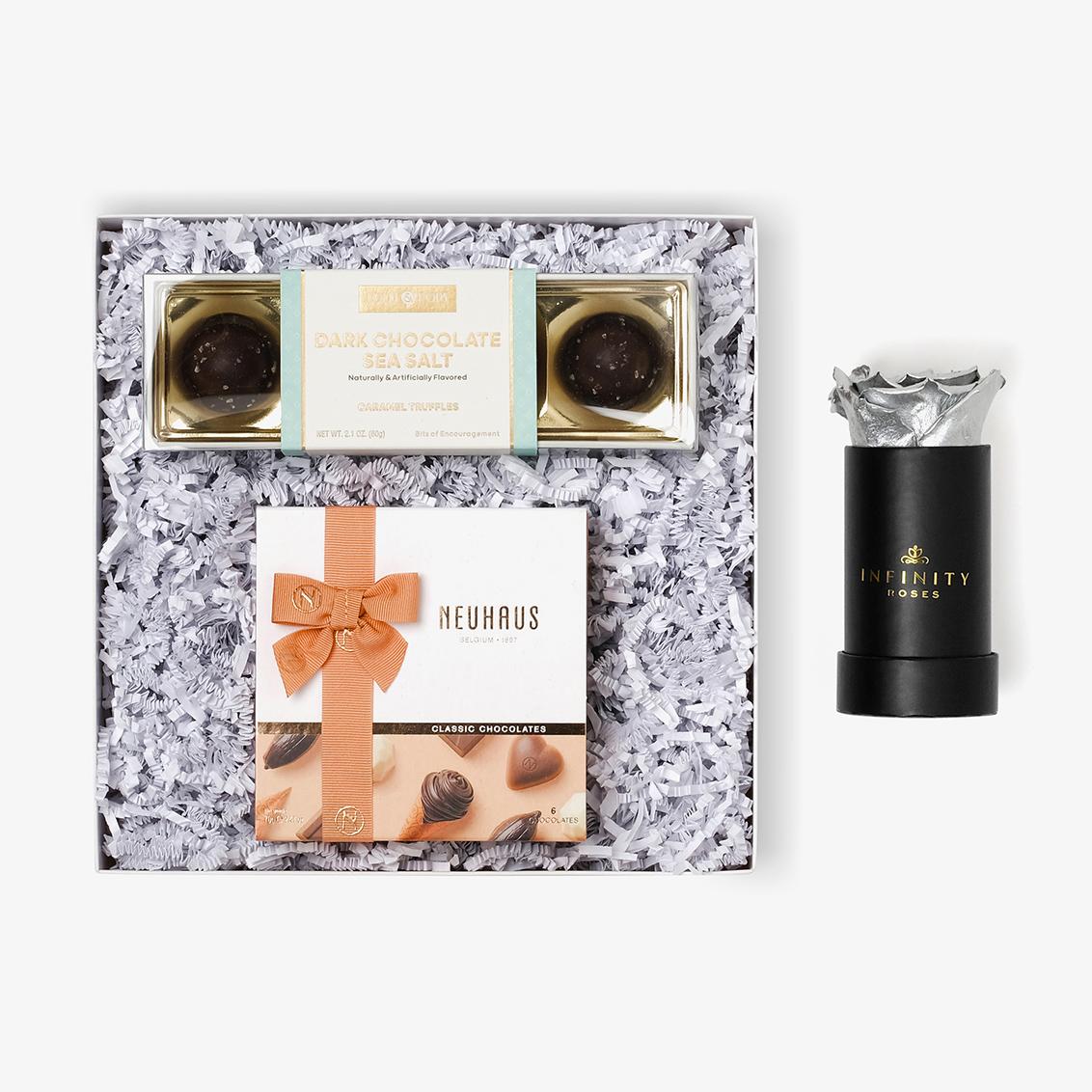 Chocolate Duo Luxe - Single Rose Box - Silver Rose - Black Box