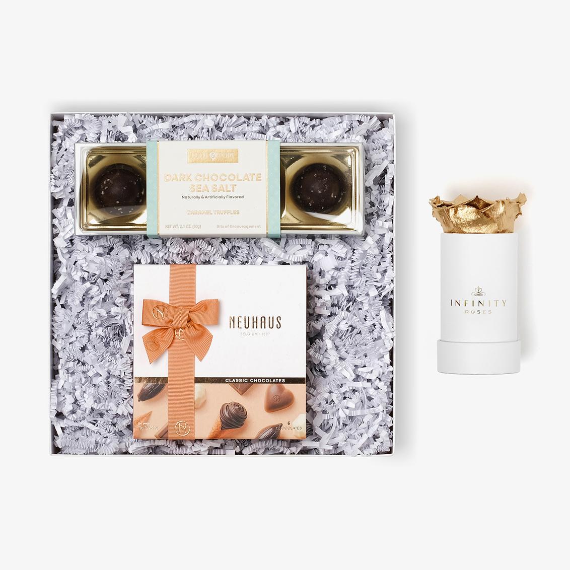 Chocolate Duo Luxe - Single Rose Box - Gold Rose - White Box