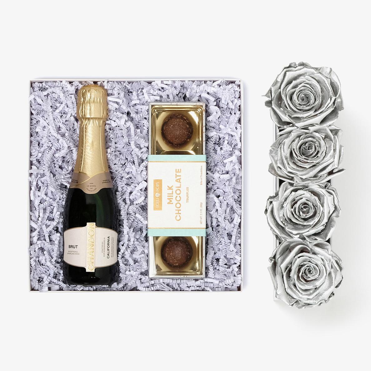 Champagne & Truffles - Small Rose Box - Silver Rose - White Box