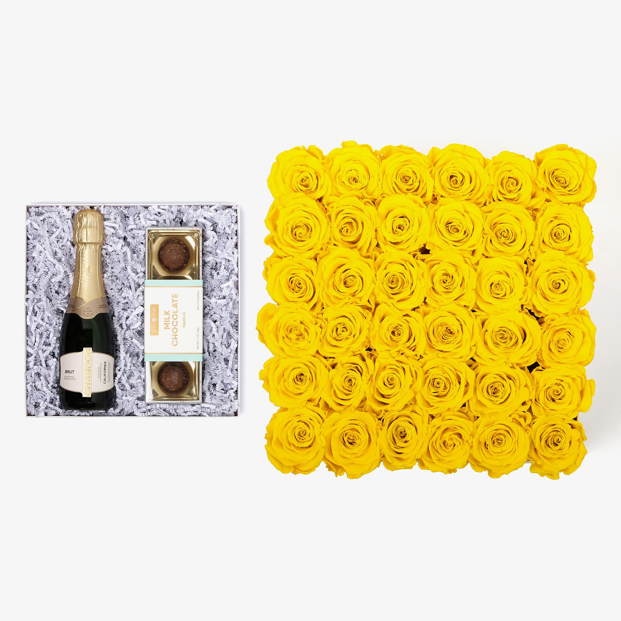 Champagne & Truffles - Grand Square Box - Yellow Rose - White Box