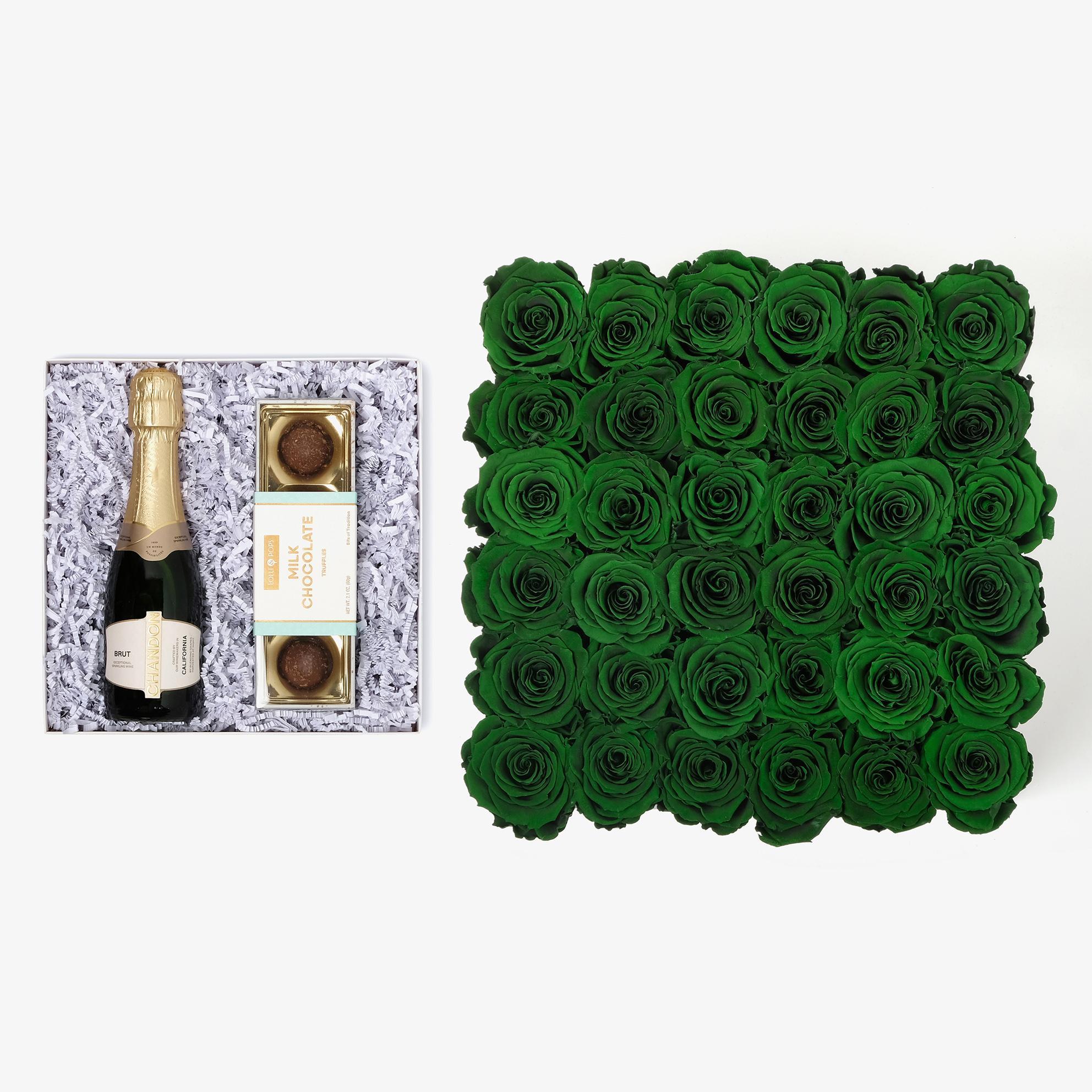 Champagne & Truffles - Grand Square Box - Emerald Green Rose - Black Box