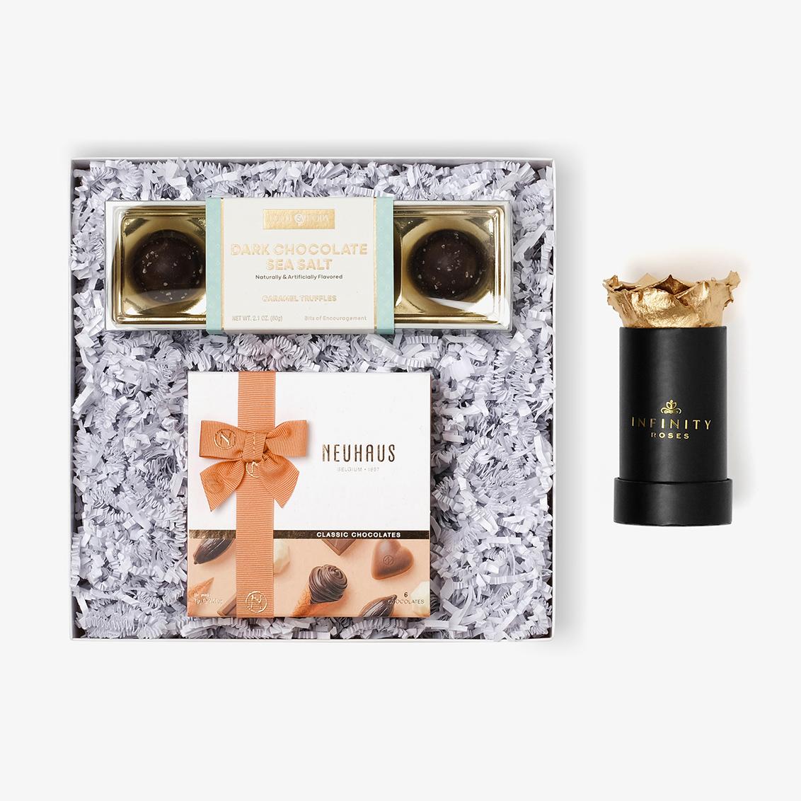 Chocolate Duo Luxe - Single Rose Box - Gold Rose - Black Box