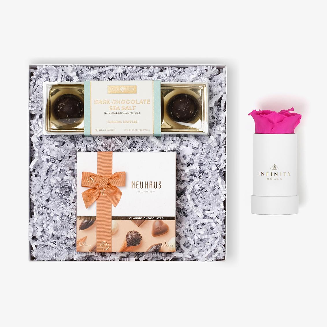 Chocolate Duo Luxe - Single Rose Box - Hot Pink Rose - White Box