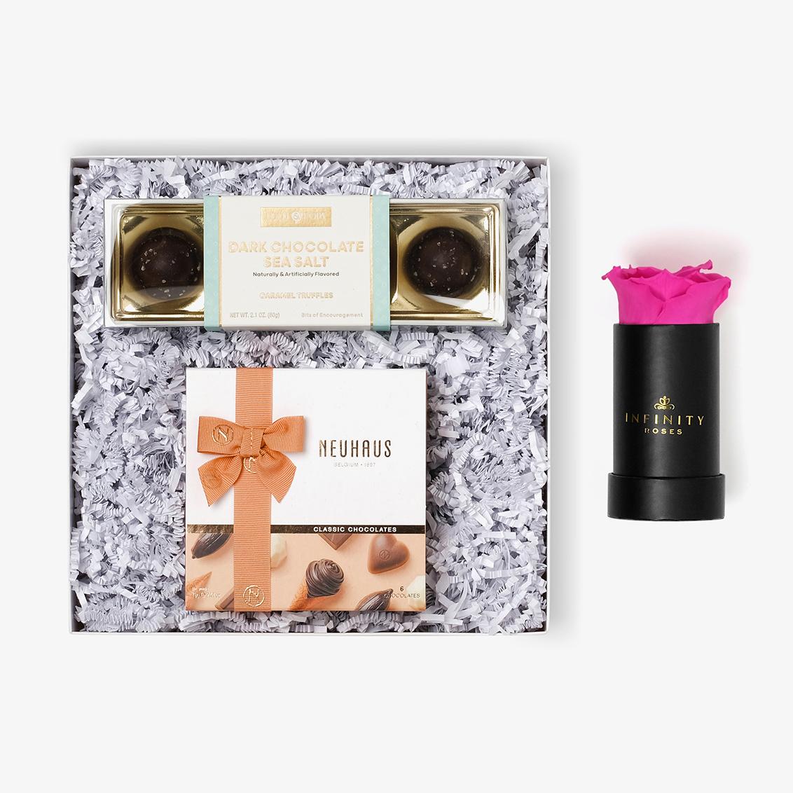 Chocolate Duo Luxe - Single Rose Box - Hot Pink Rose - Black Box