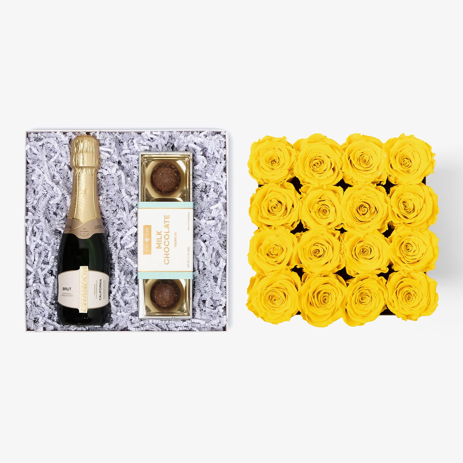 Champagne & Truffles - Large Square Box - Yellow Rose - White Box