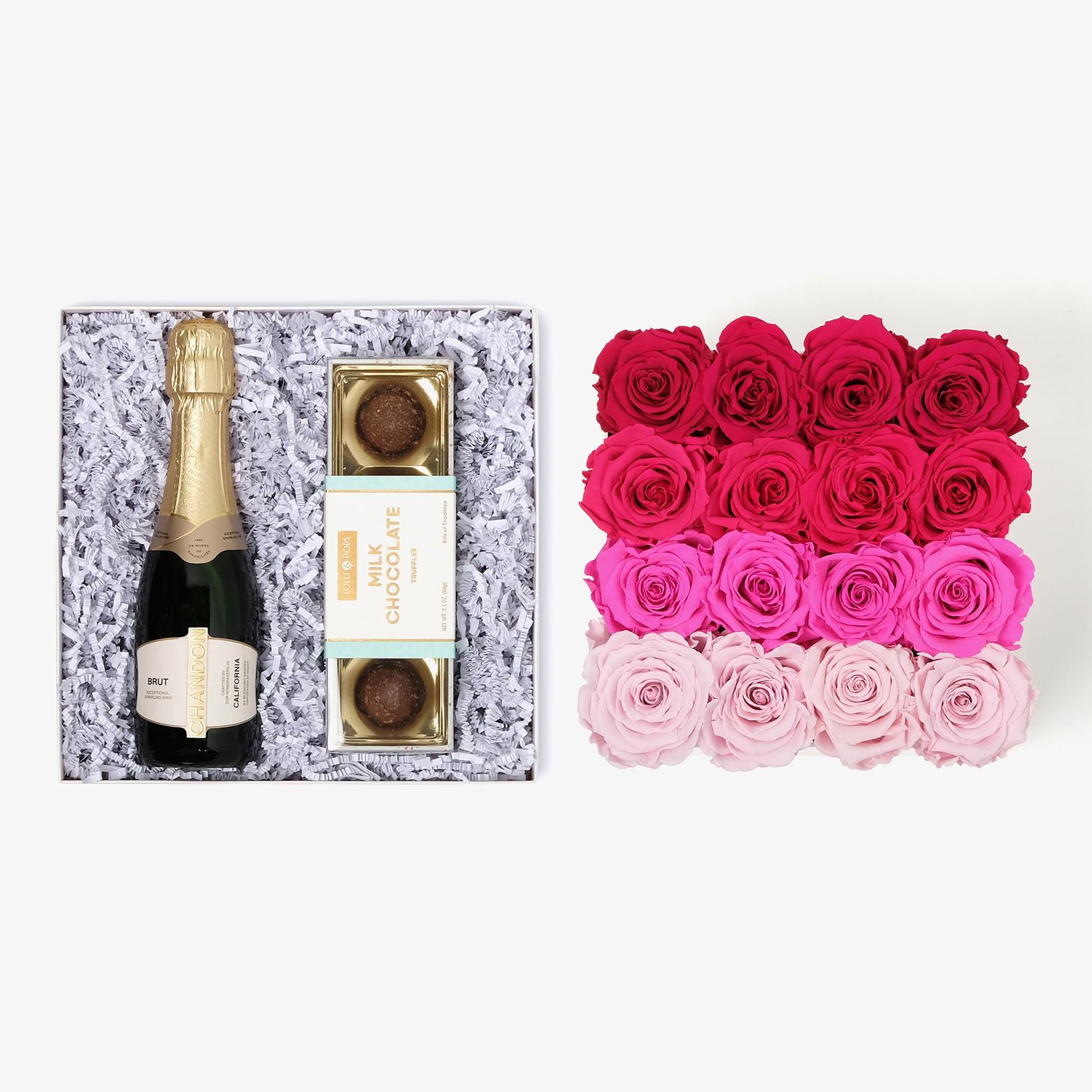 Champagne & Truffles - Large Square Box - Pink Ombre Rose - White Box