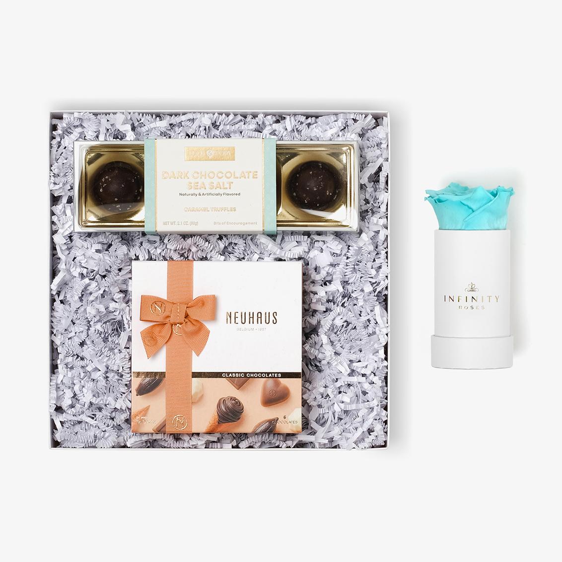 Chocolate Duo Luxe - Single Rose Box - Turquoise Rose - White Box
