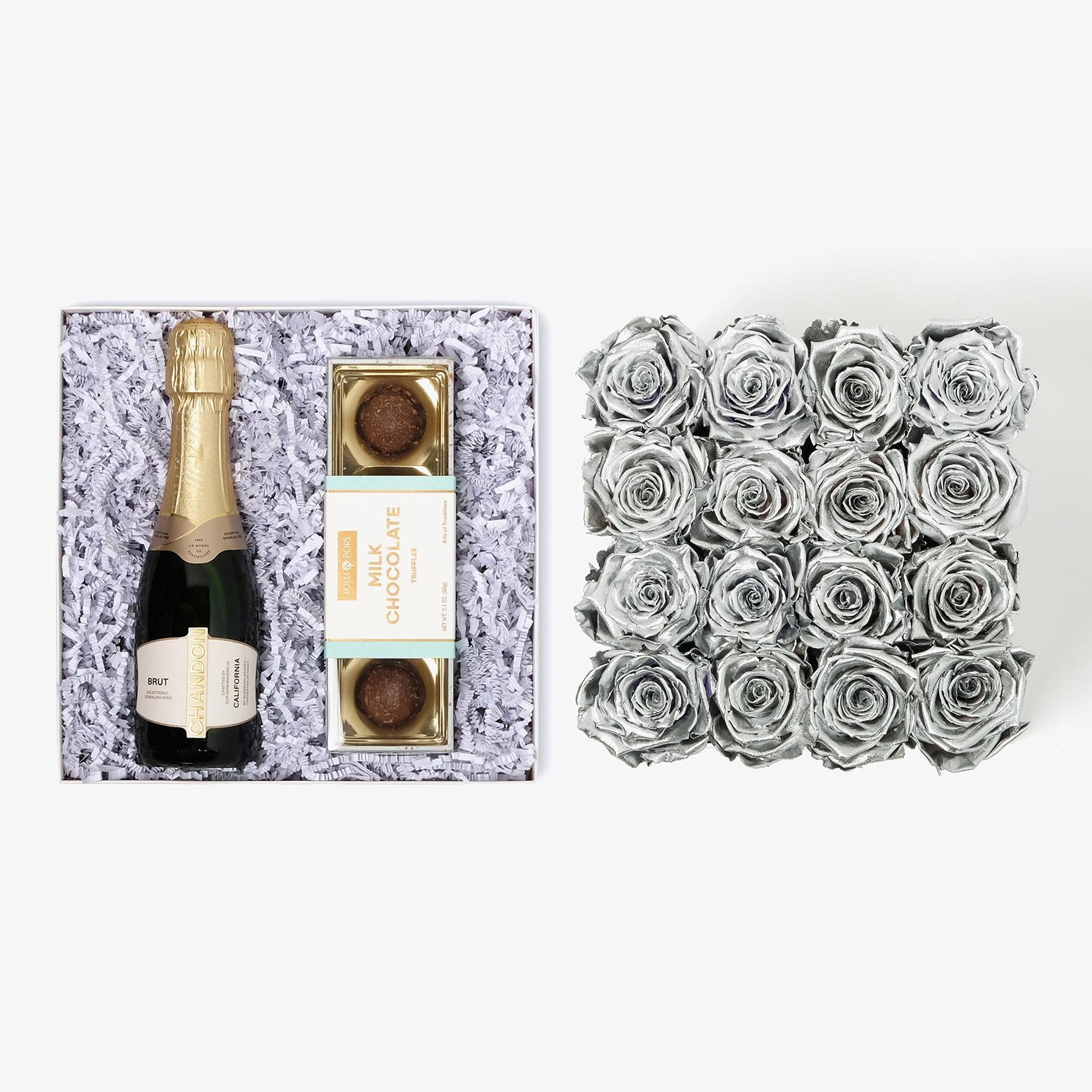 Champagne & Truffles - Large Square Box - Silver Rose - Black Box