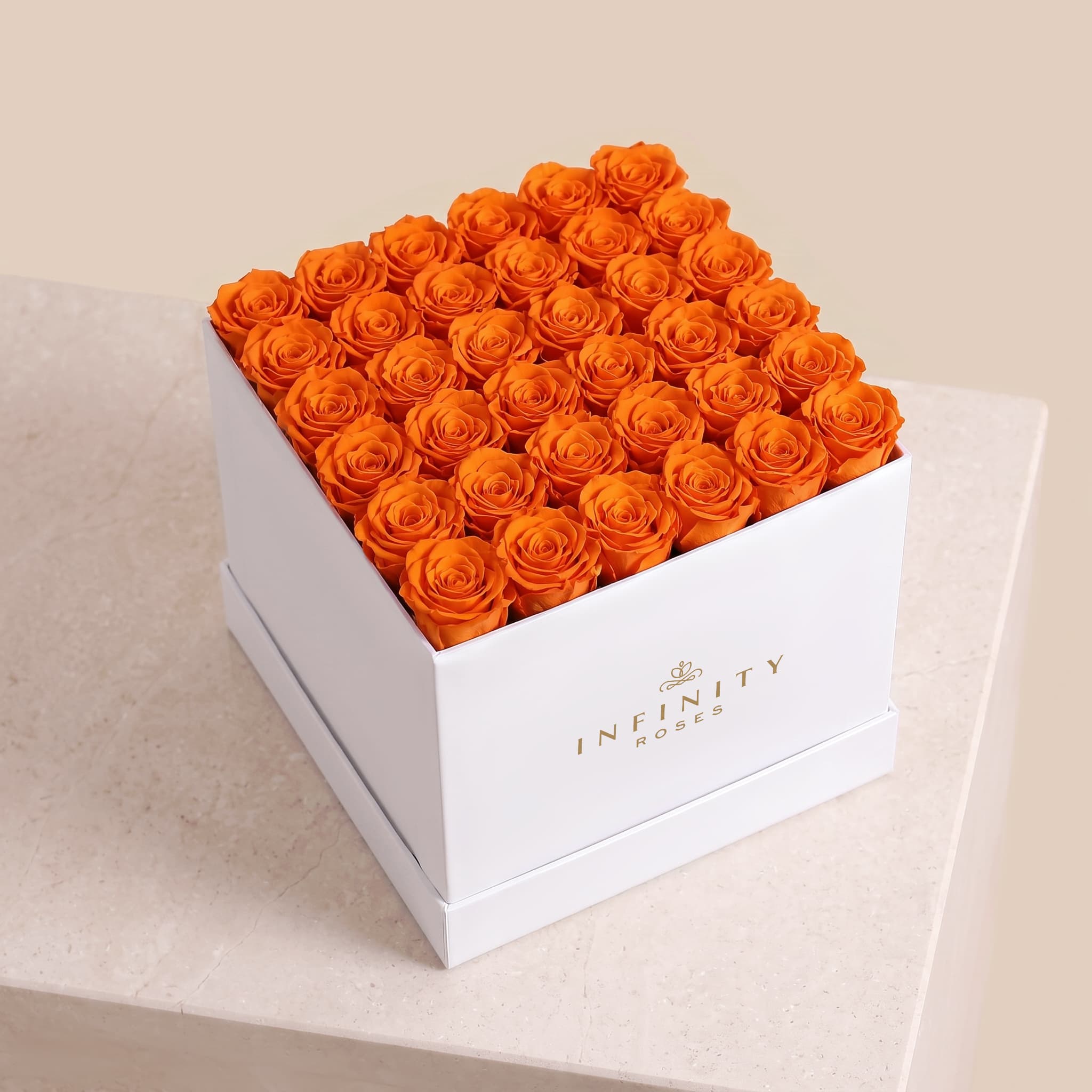 Grand Square Rose Box - Orange Rose - White Box