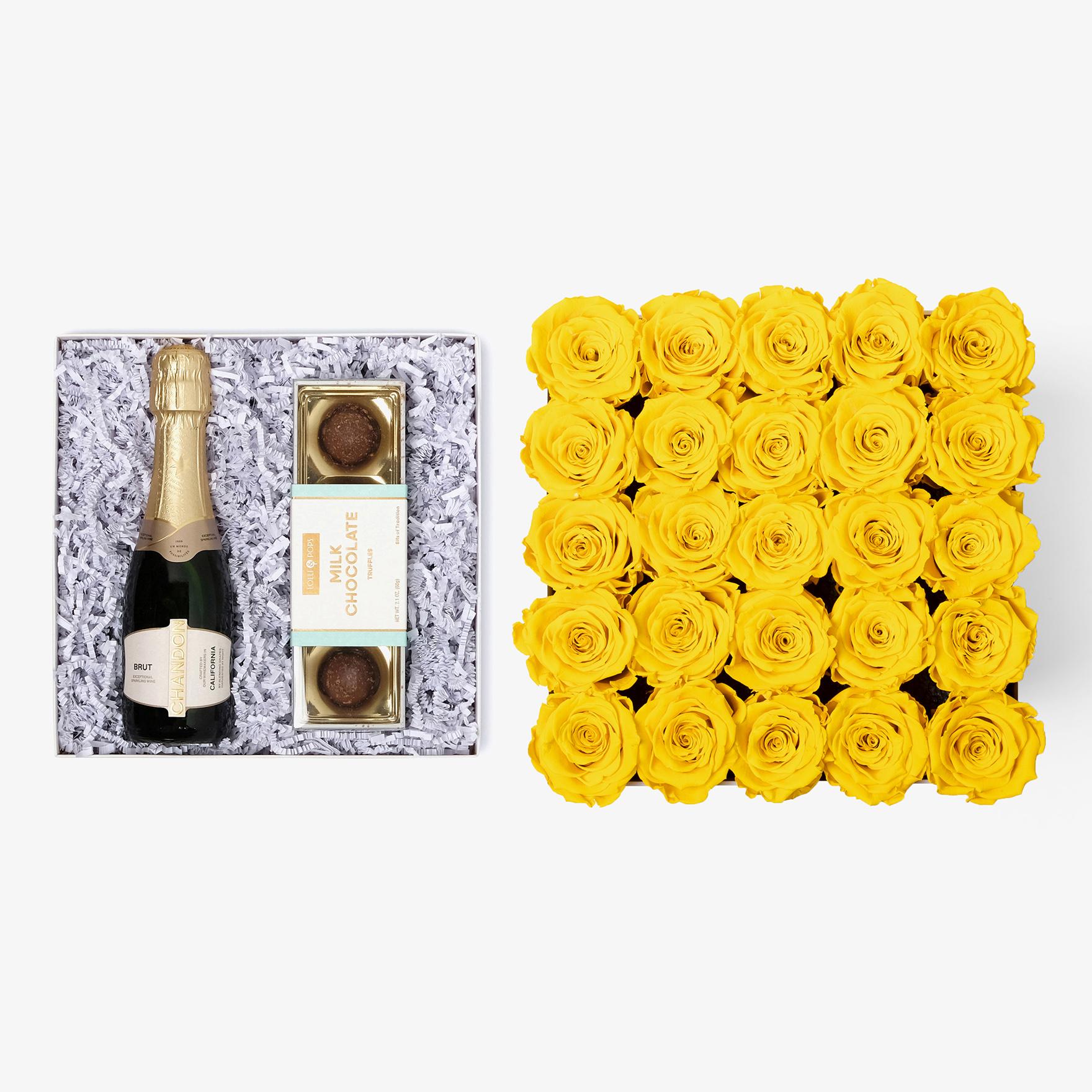 Champagne & Truffles - X-Large Square Box - Yellow Rose - Black Box