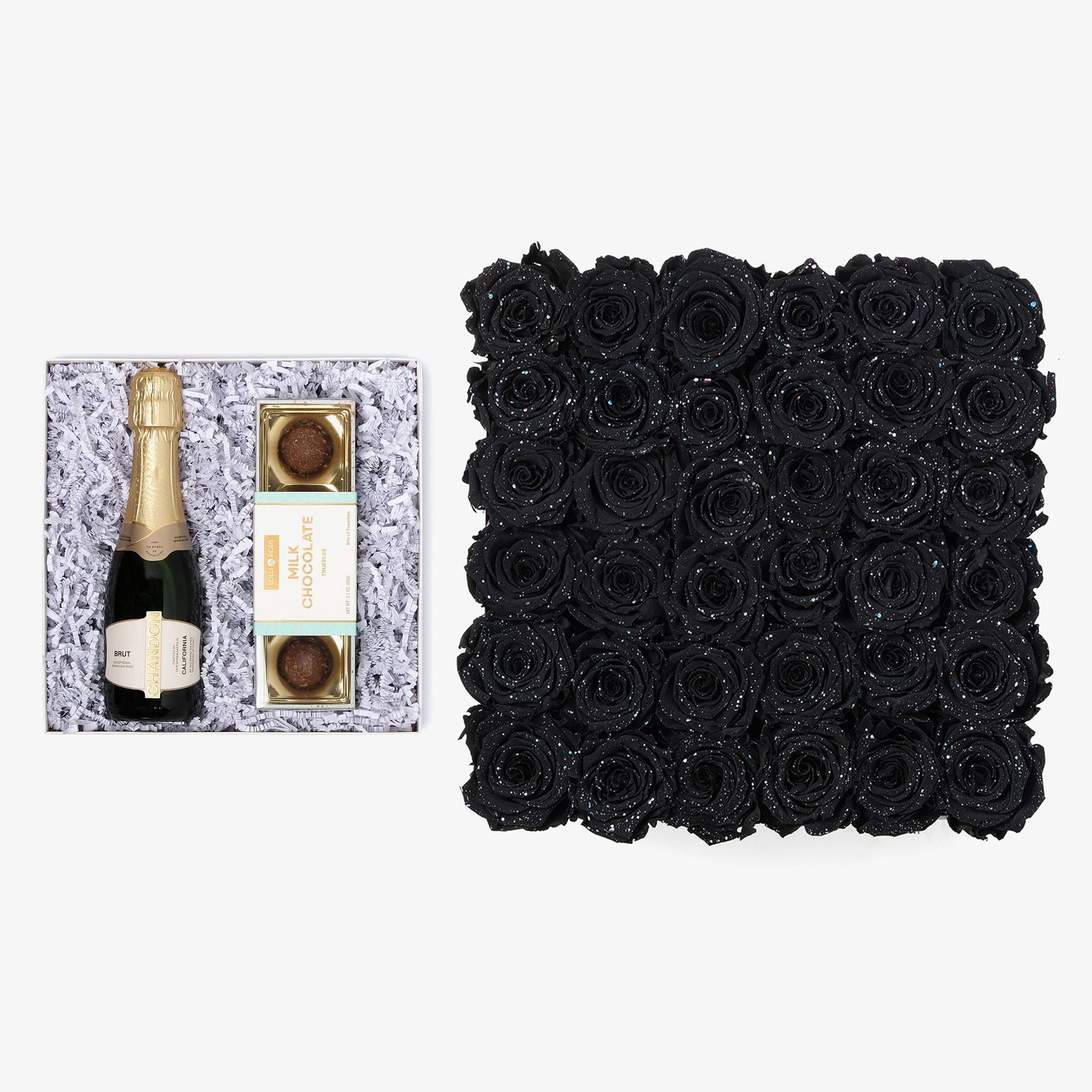 Champagne & Truffles - Grand Square Box - Black Galaxy Rose - Black Box