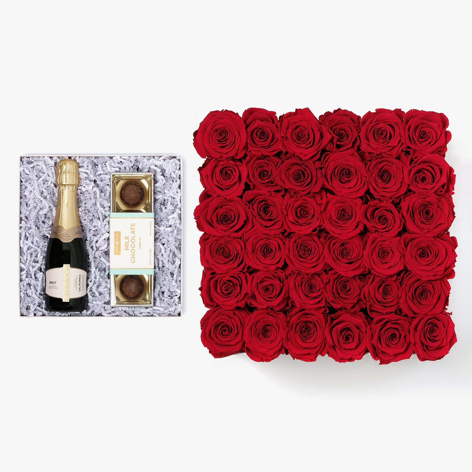 Champagne & Truffles - Grand Square Box - Red Rose - Black Box