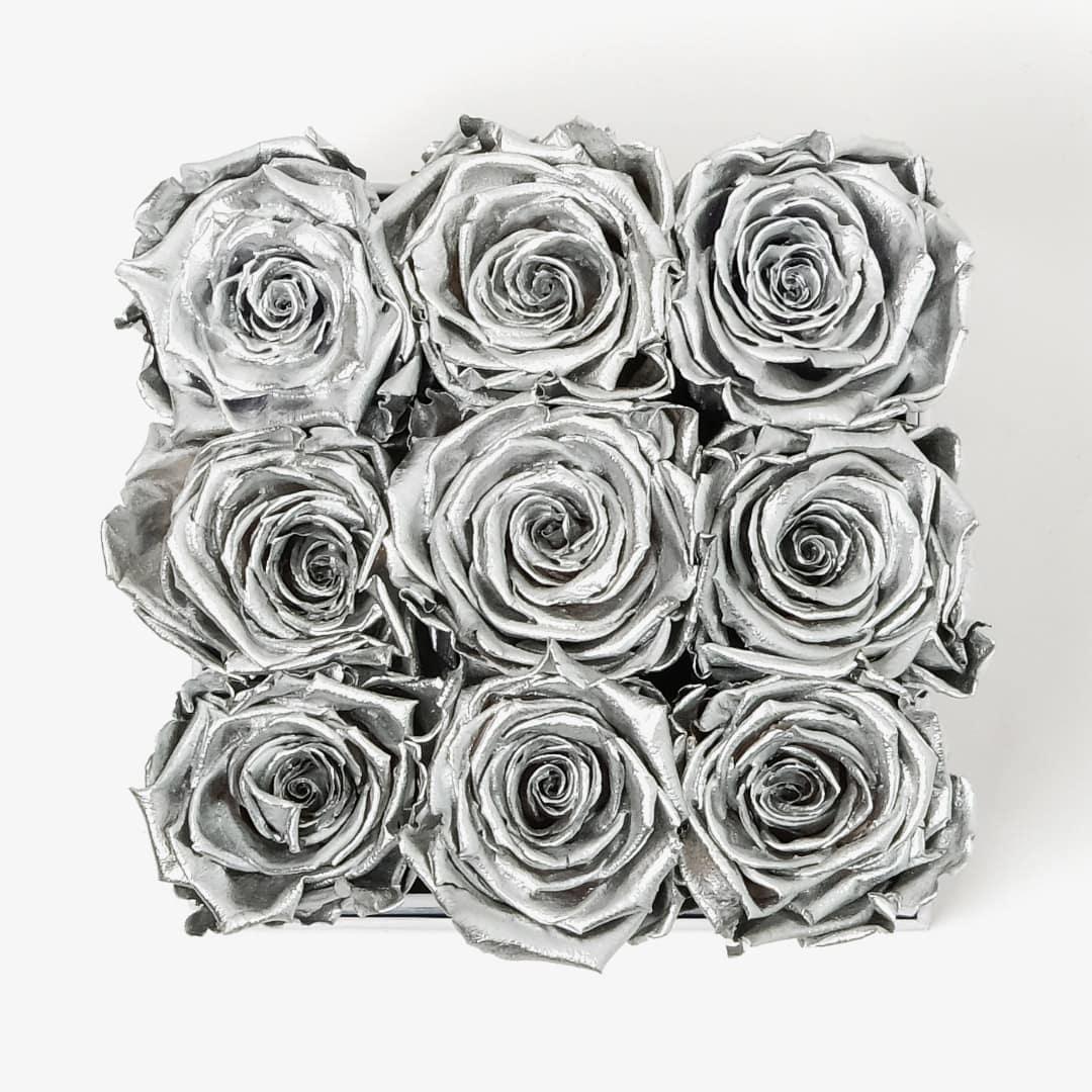 Medium Square Rose Box - Silver Rose - Black Box