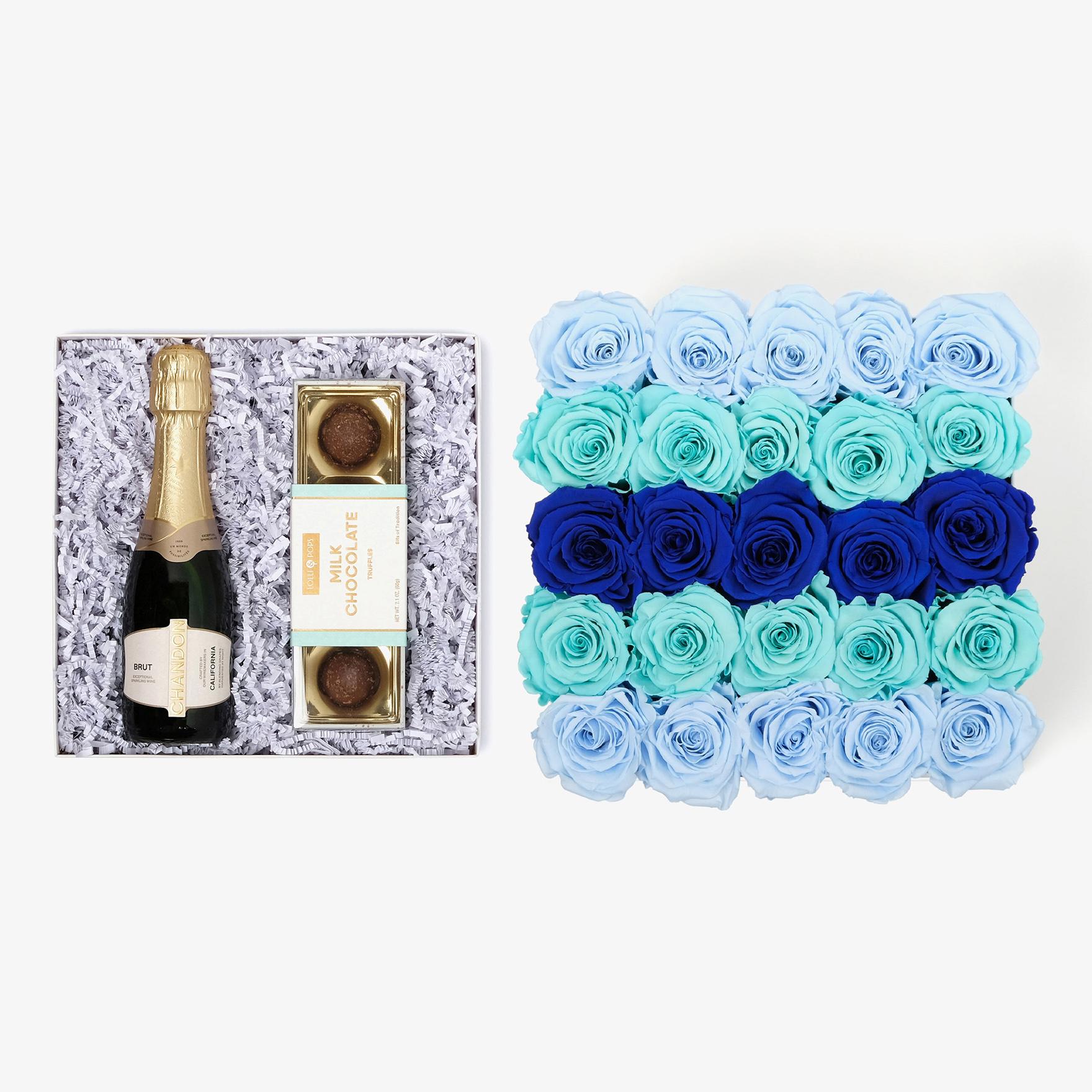 Champagne & Truffles - X-Large Square Box - Blue Ombre Rose - Black Box