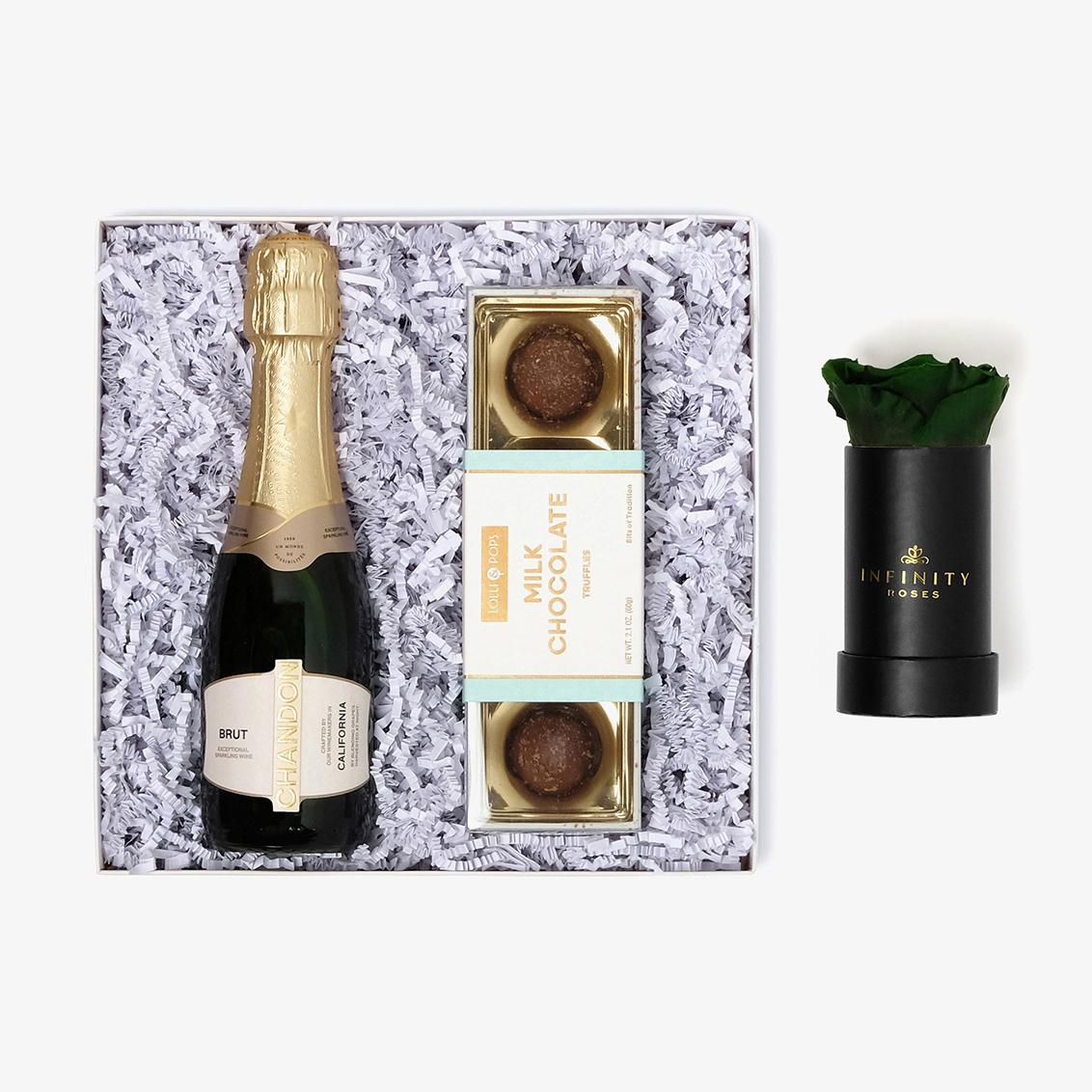 Champagne & Truffles - Single Rose Box - Emerald Green Rose - Black Box