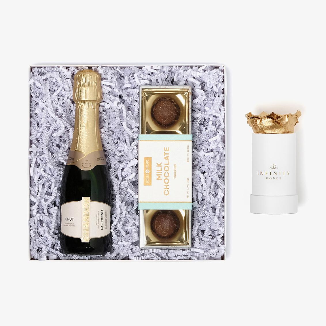 Champagne & Truffles - Single Rose Box - Gold Rose - White Box