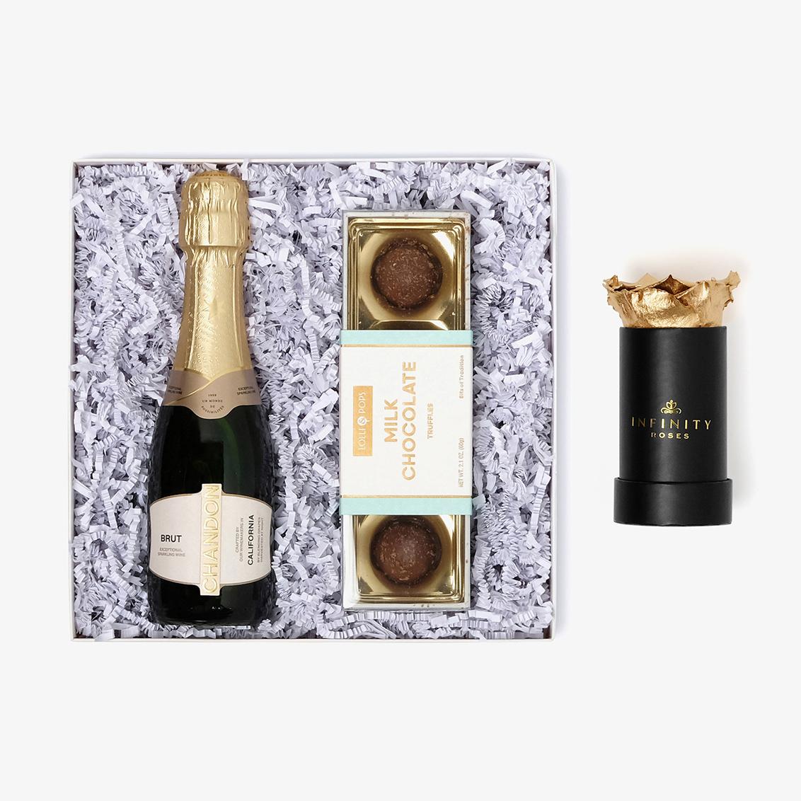Champagne & Truffles - Single Rose Box - Gold Rose - Black Box