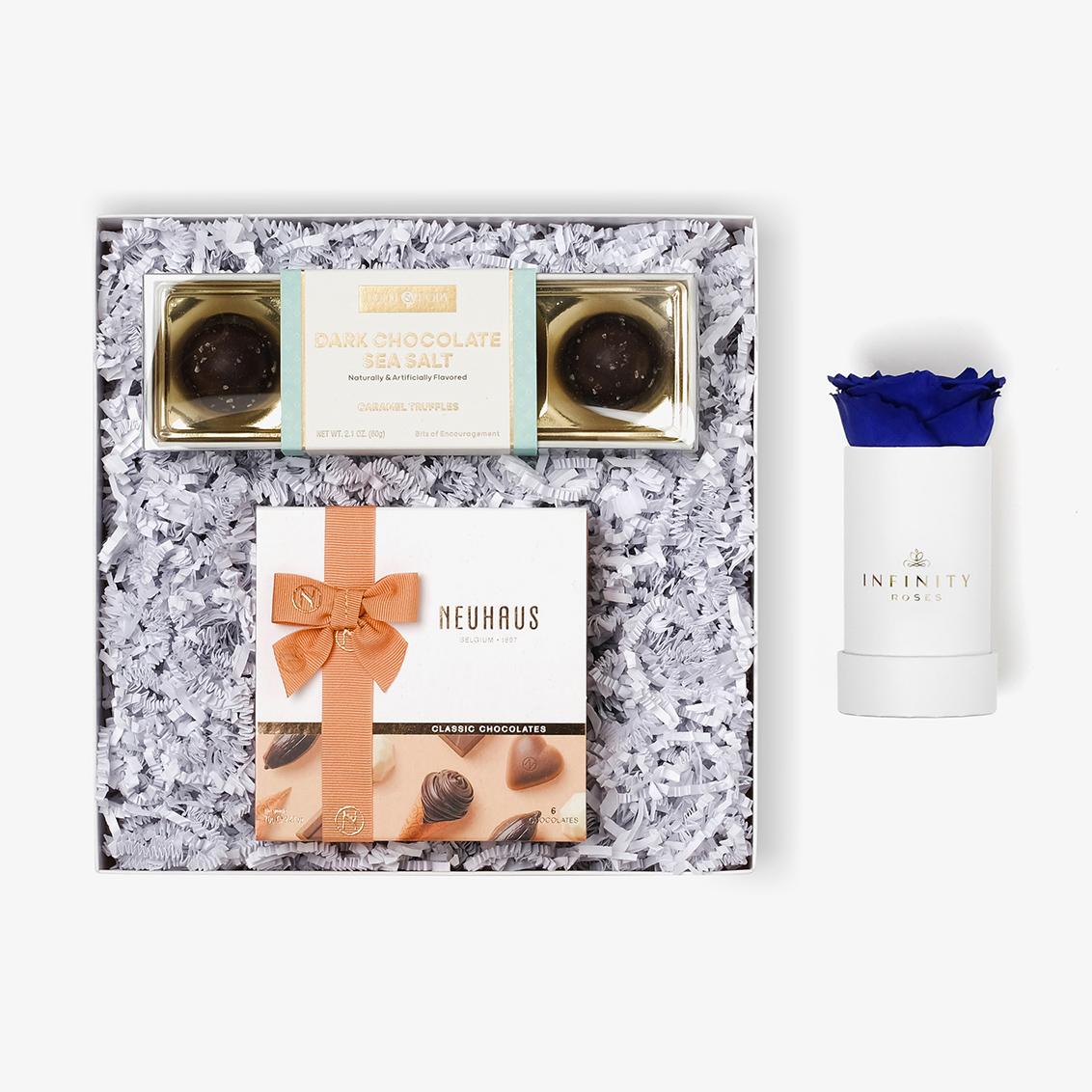 Chocolate Duo Luxe - Single Rose Box - Royal Blue Rose - White Box