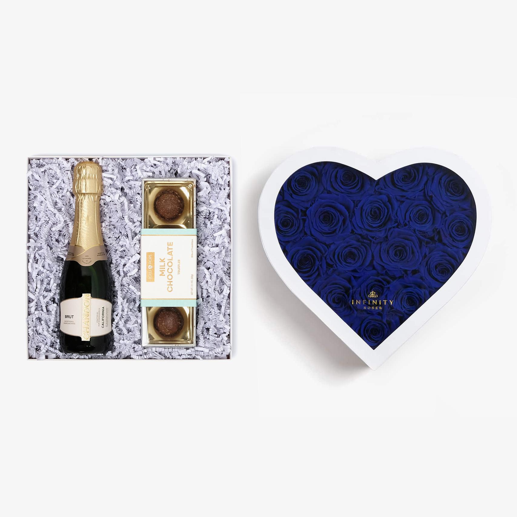 Champagne & Truffles - Large Heart Box - Royal Blue Rose - White Box