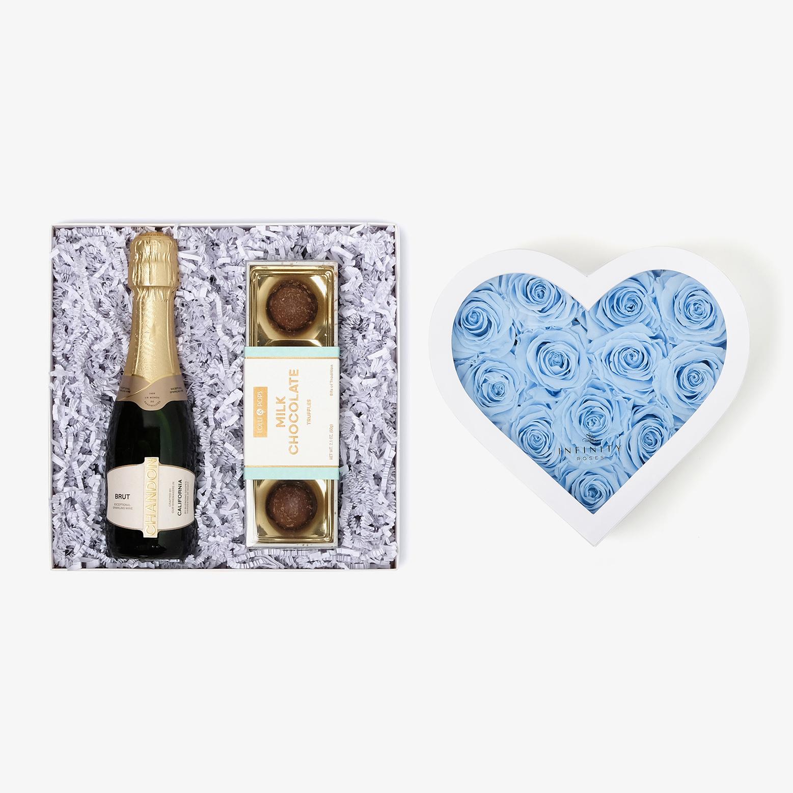 Champagne & Truffles - Medium Heart Box - Baby Blue Rose - White Box