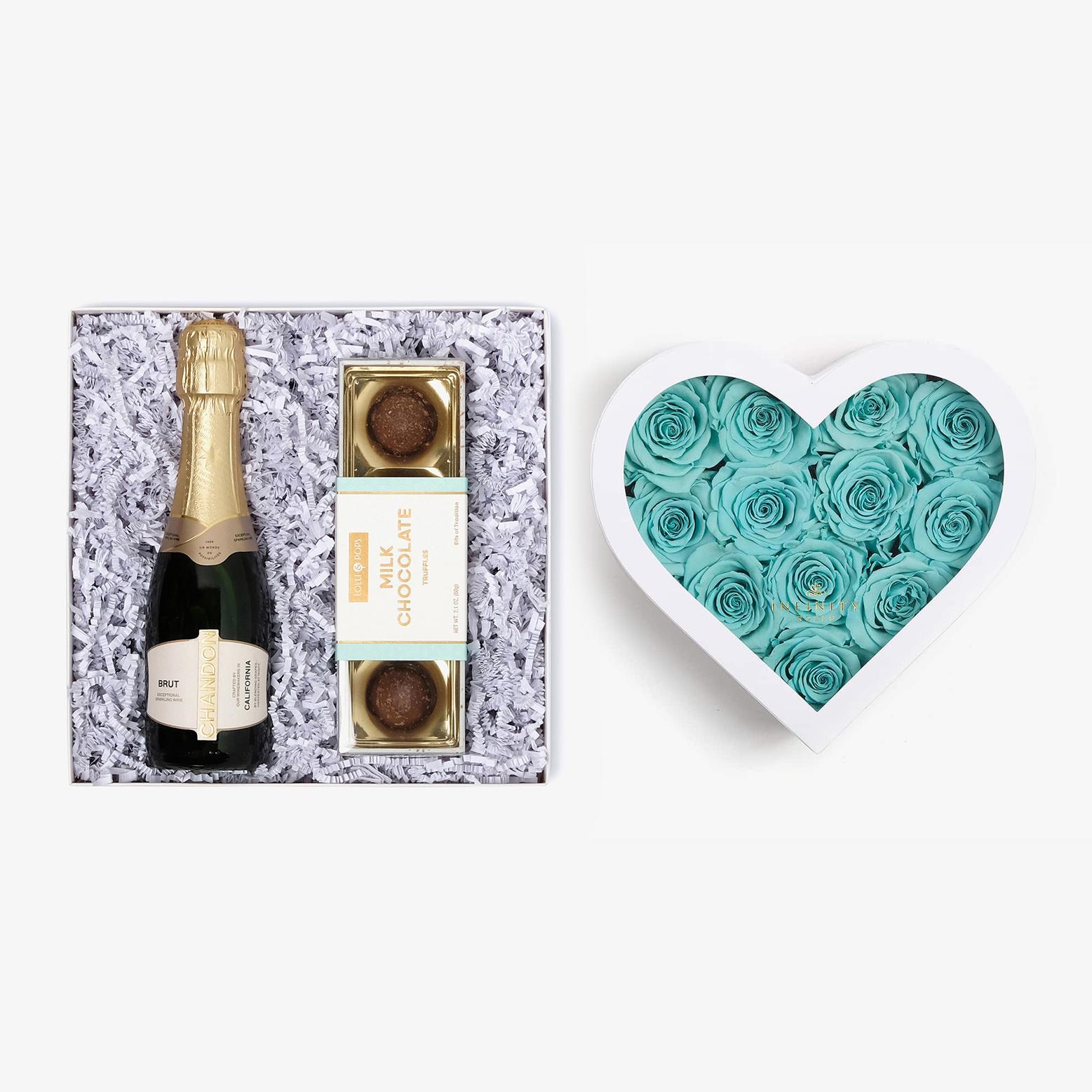 Champagne & Truffles - Medium Heart Box - Turquoise Rose - White Box