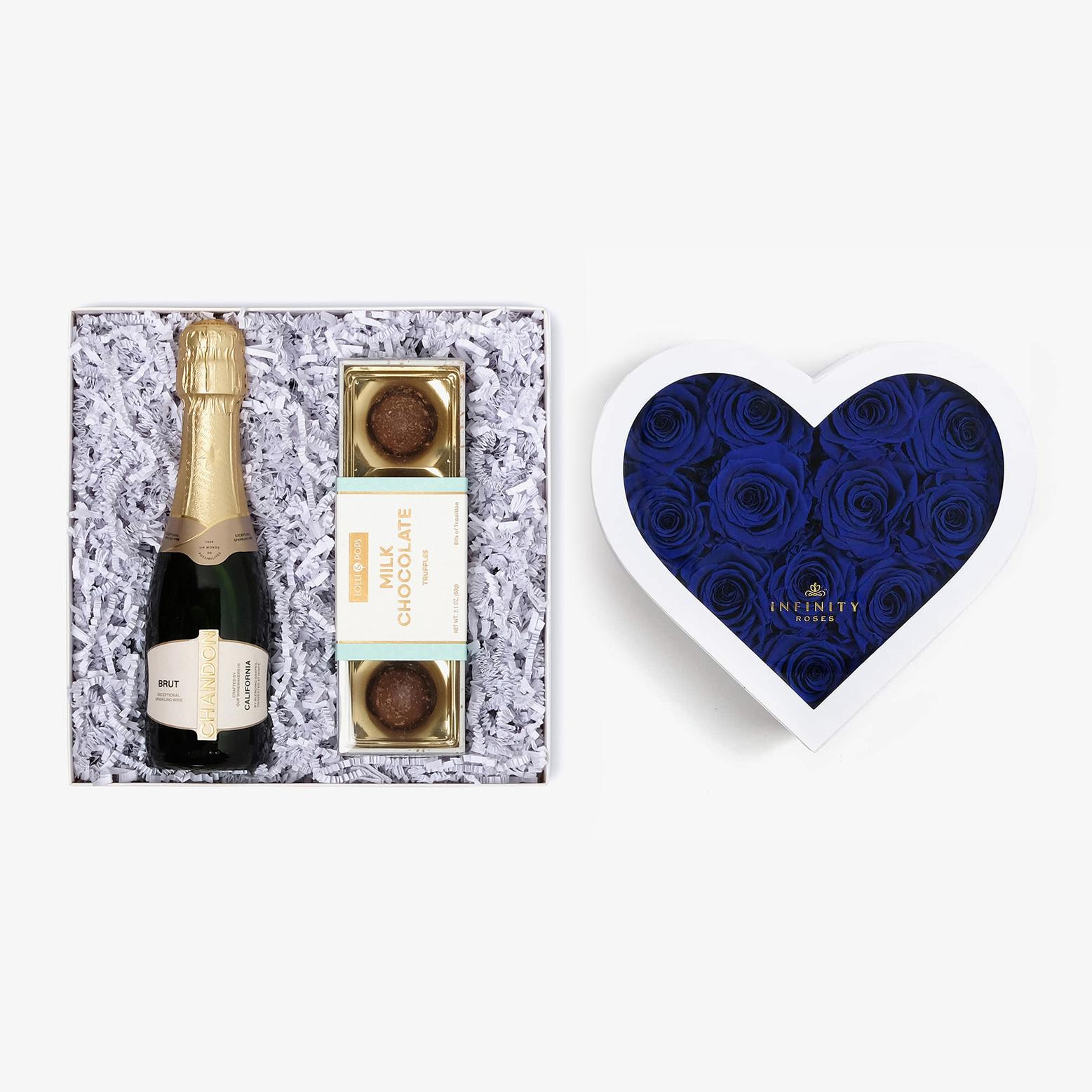 Champagne & Truffles - Medium Heart Box - Royal Blue Rose - White Box