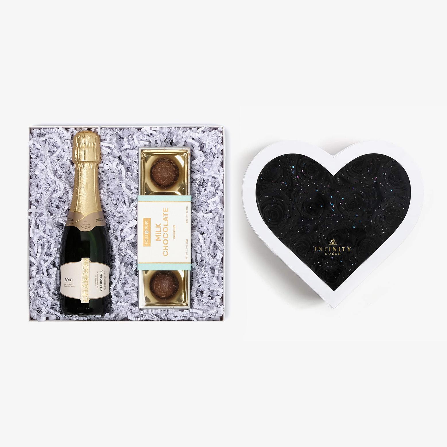Champagne & Truffles - Medium Heart Box - Black Galaxy Rose - White Box
