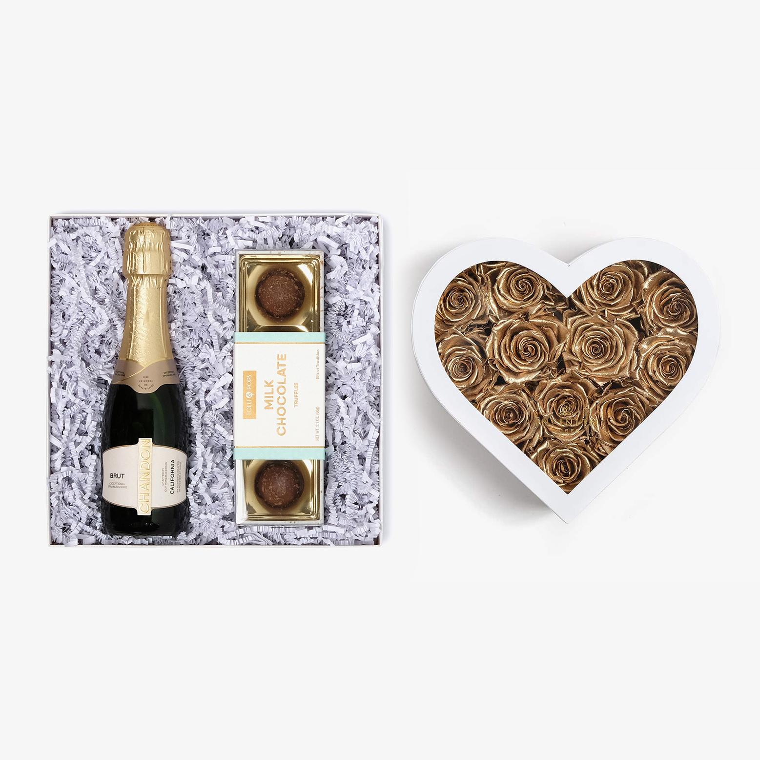 Champagne & Truffles - Medium Heart Box - Gold Rose - White Box