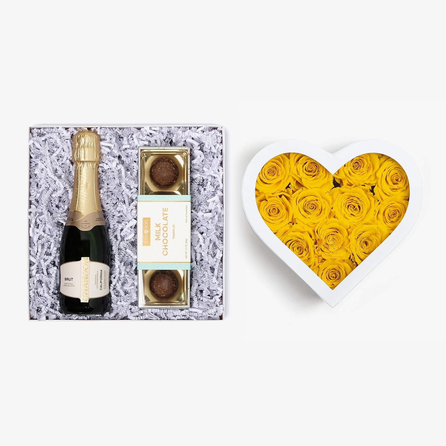 Champagne & Truffles - Medium Heart Box - Yellow Rose - White Box
