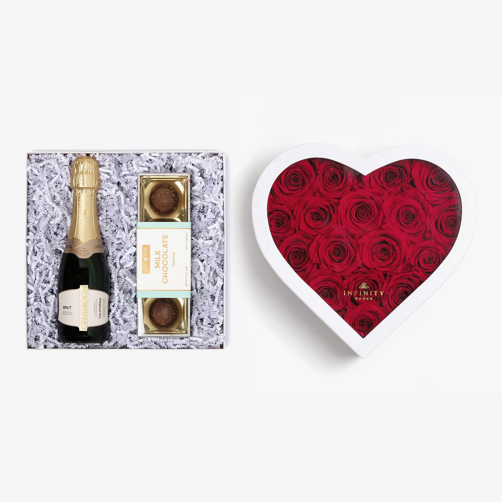Champagne & Truffles - Large Heart Box - Red Rose - White Box
