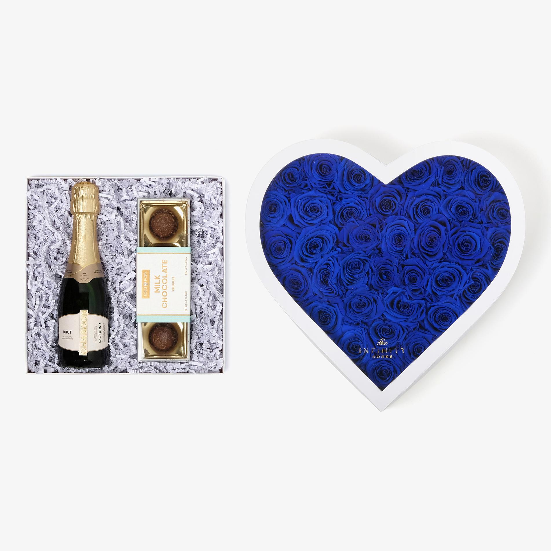 Champagne & Truffles - Grand Heart Box - Royal Blue Rose - White Box