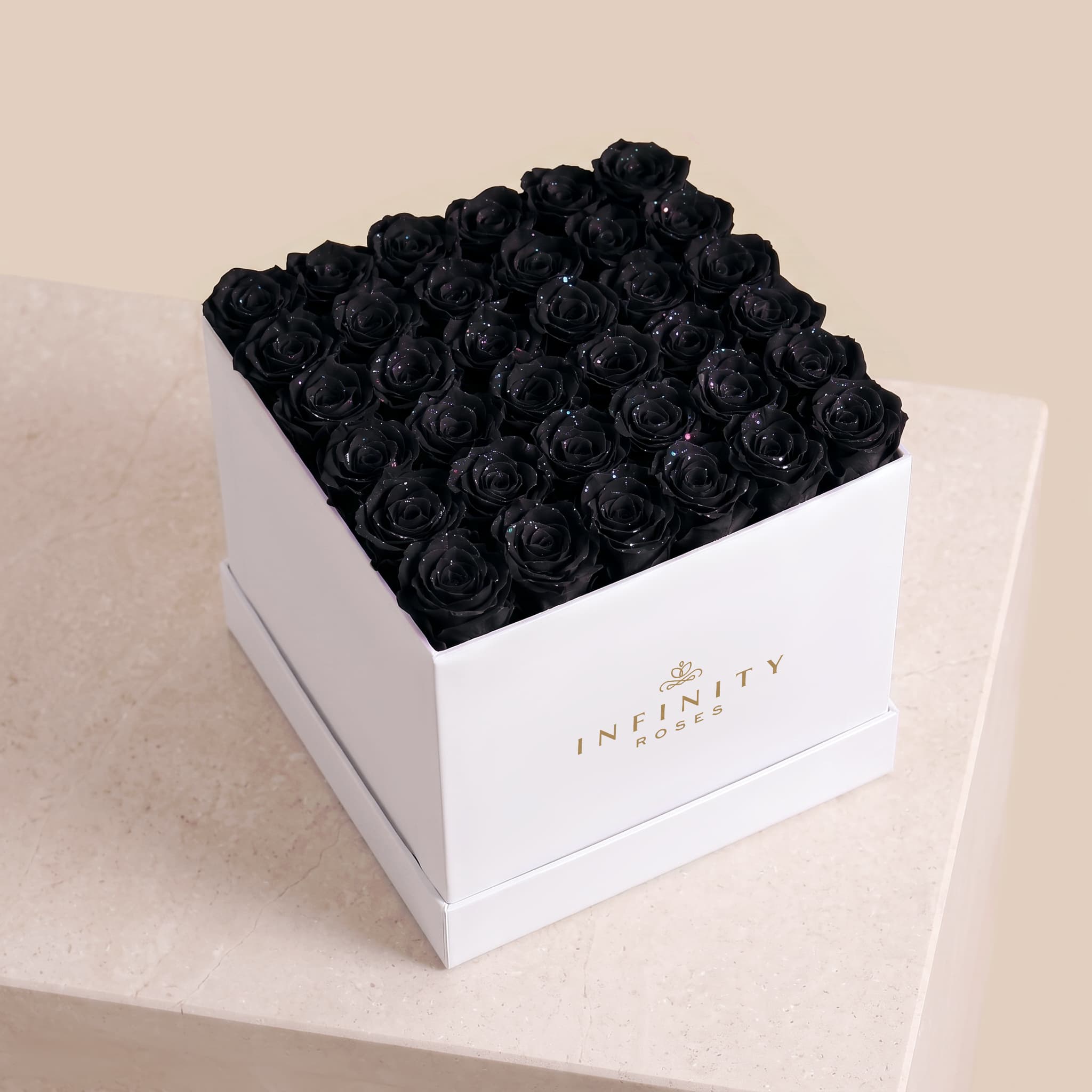 Grand Square Rose Box - Black Galaxy Rose - White Box