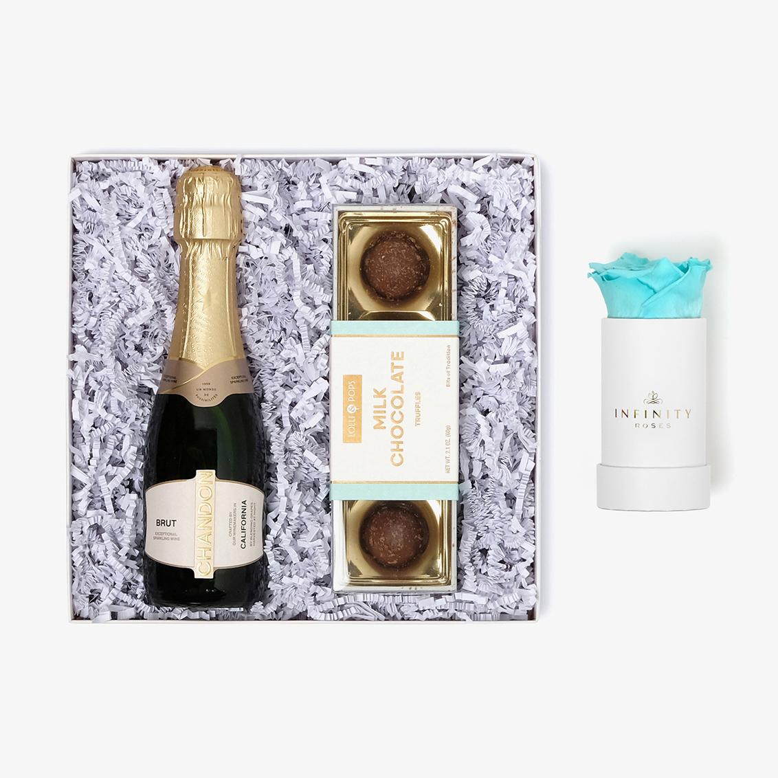 Champagne & Truffles - Single Rose Box - Turquoise Rose - White Box