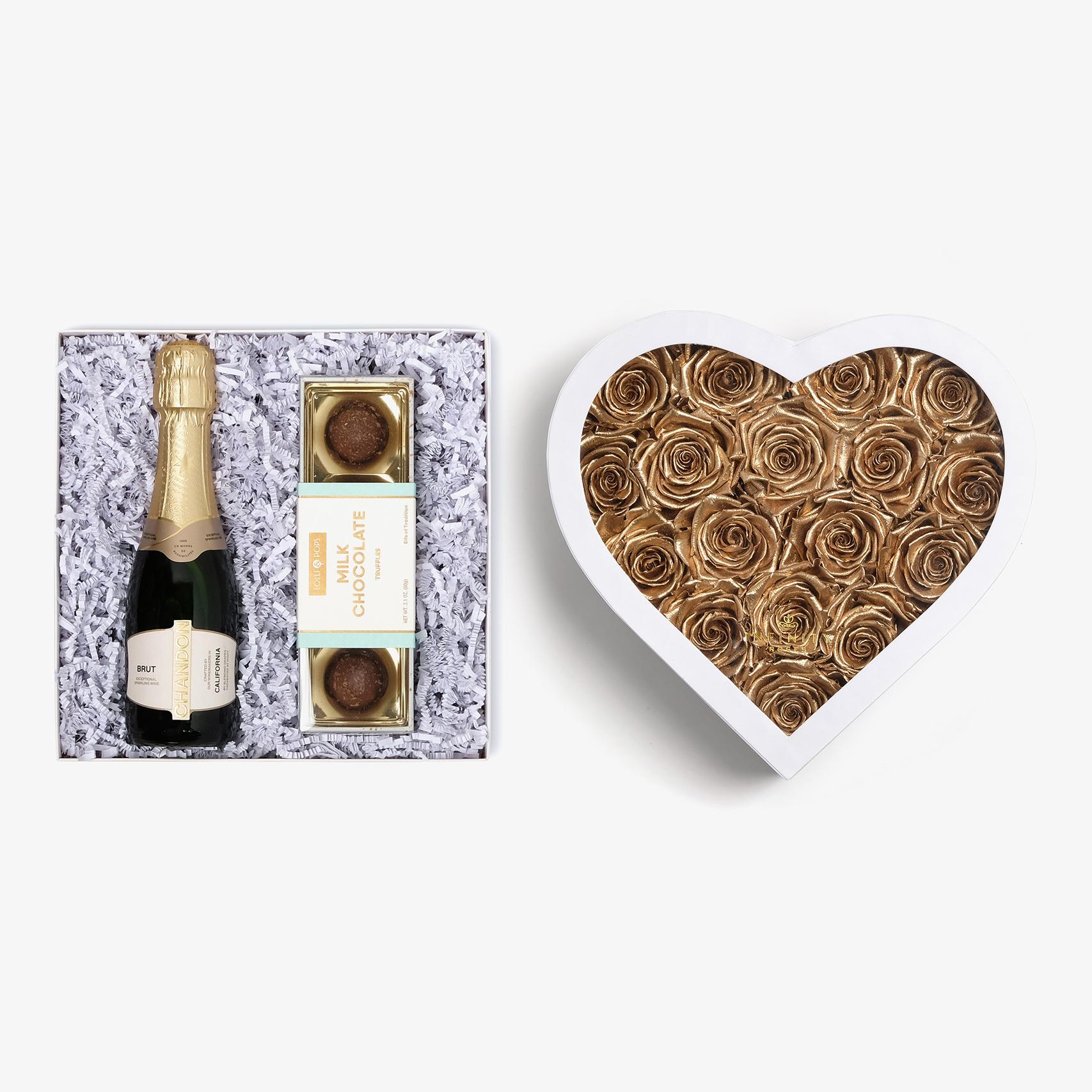 Champagne & Truffles - Large Heart Box - Gold Rose - White Box