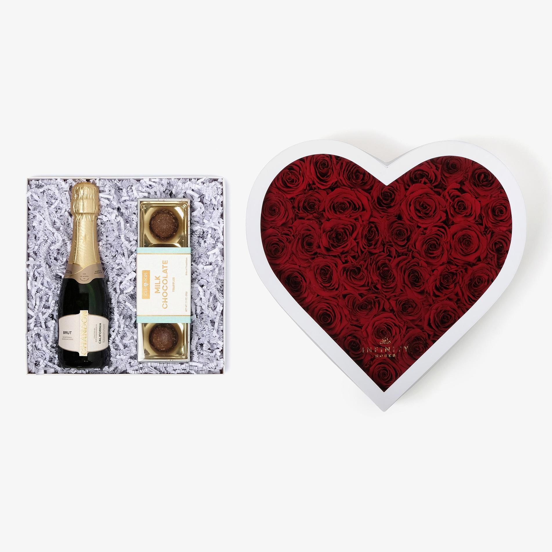 Champagne & Truffles - Grand Heart Box - Red Rose - White Box