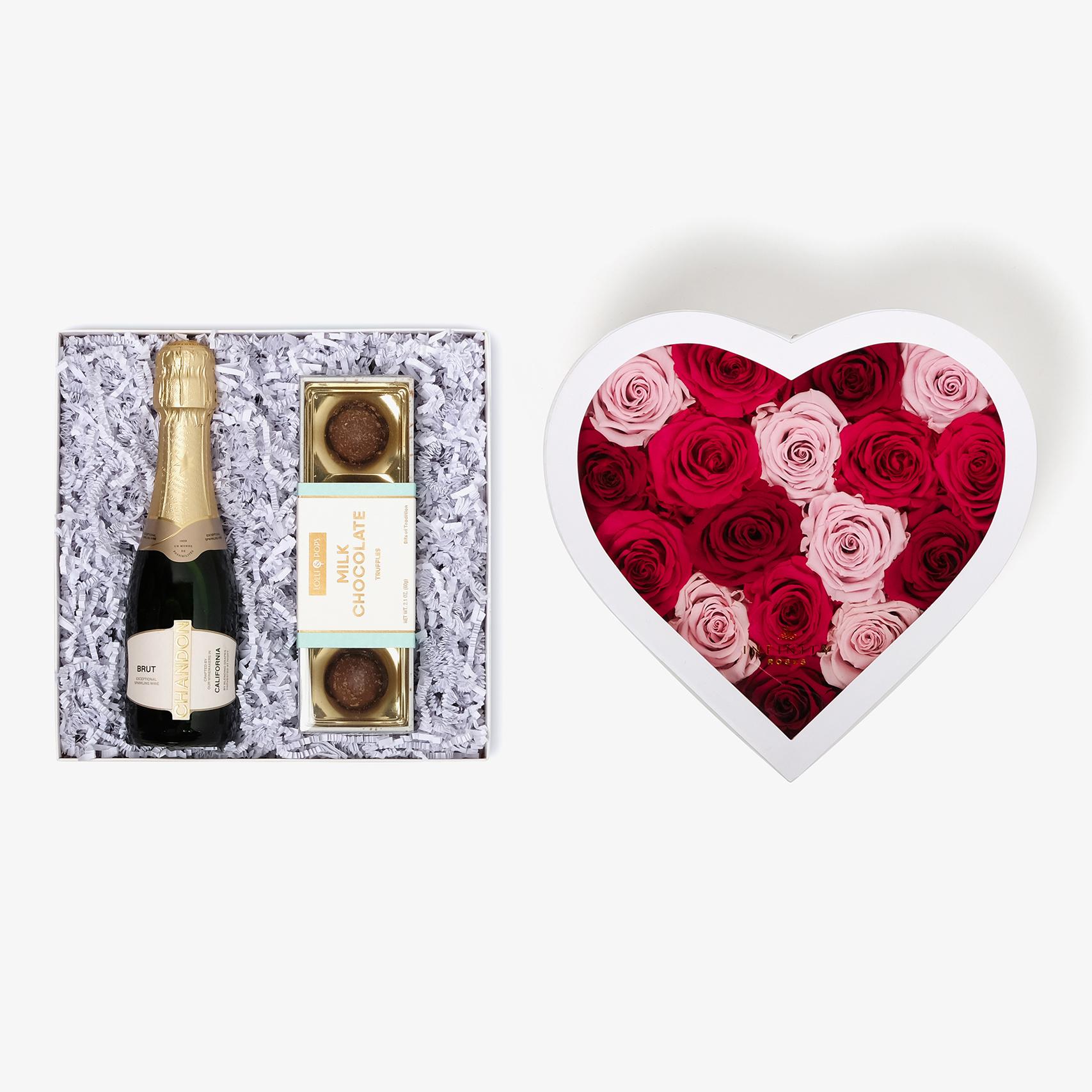 Champagne & Truffles - Large Heart Box - Pink Ombre Rose - White Box