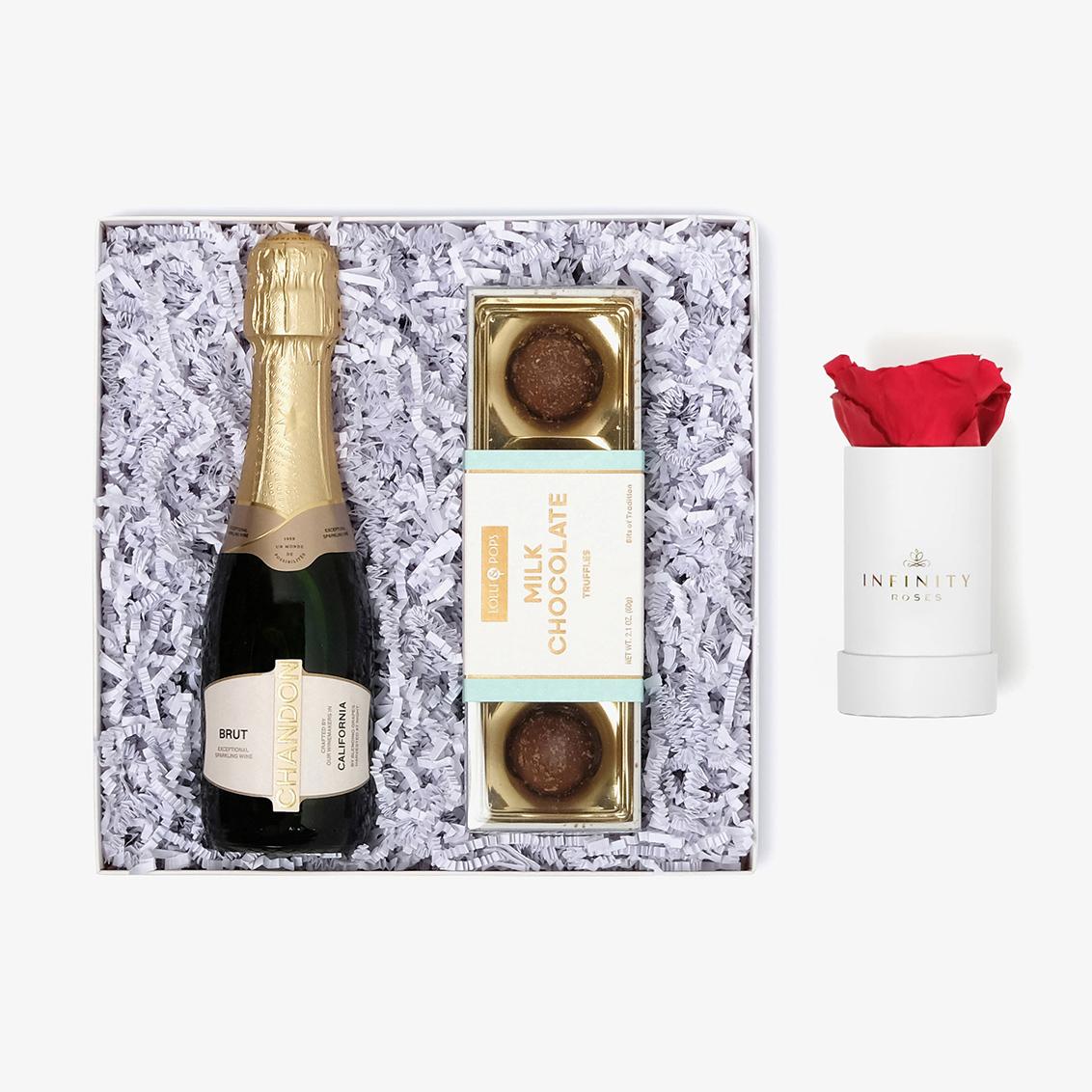Champagne & Truffles - Single Rose Box - Red Rose - White Box