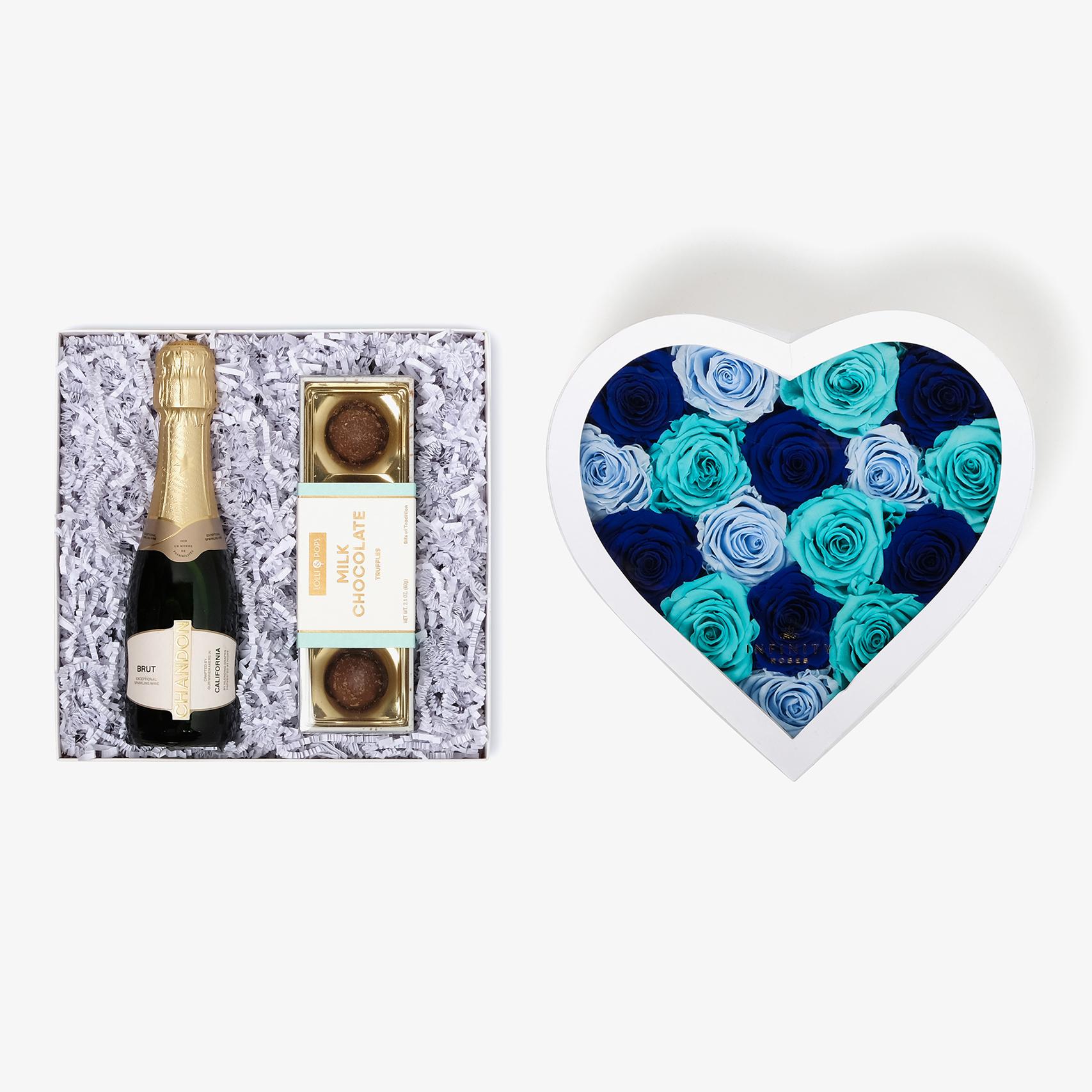Champagne & Truffles - Large Heart Box - Blue Ombre Rose - White Box