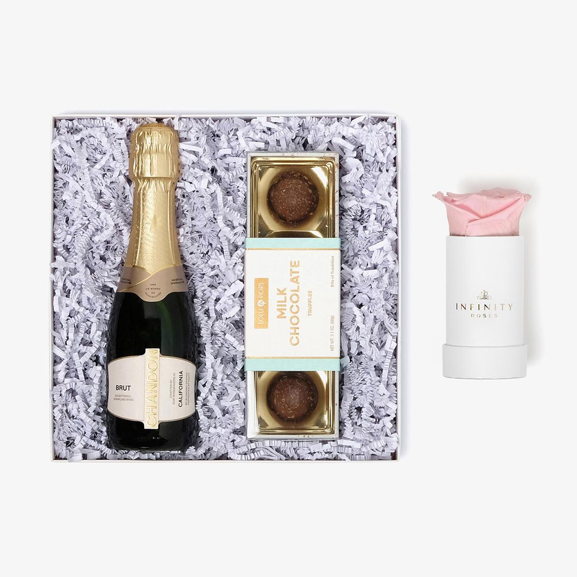 Champagne & Truffles - Single Rose Box - Pink Rose - White Box