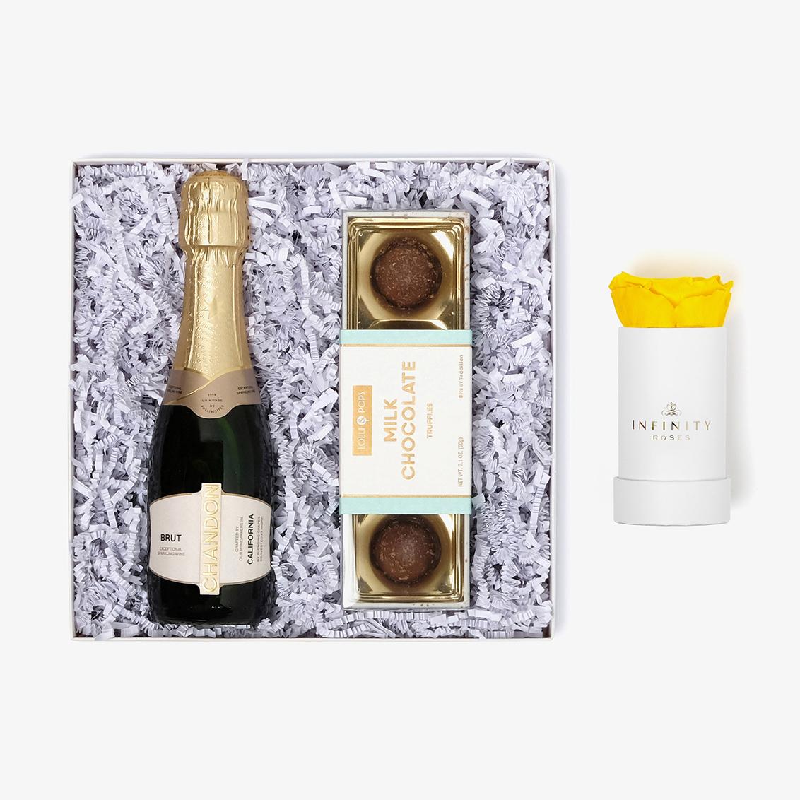 Champagne & Truffles - Single Rose Box - Yellow Rose - White Box