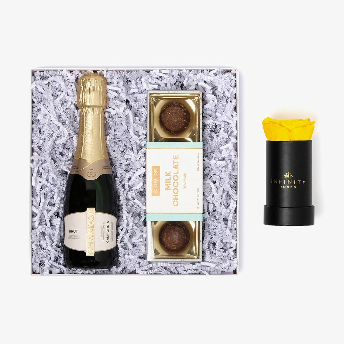 Champagne & Truffles - Single Rose Box - Yellow Rose - Black Box