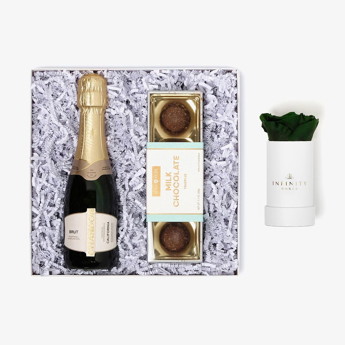 Champagne & Truffles - Single Rose Box - Emerald Green Rose - White Box